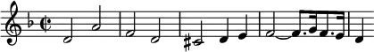 
\new Staff {
  \relative c' {
    \key d \minor
    \time 2/2
    d2 a'
    f d
    cis d4 e
    f2~ f8. g16 f8. e16 d4
  }
}
