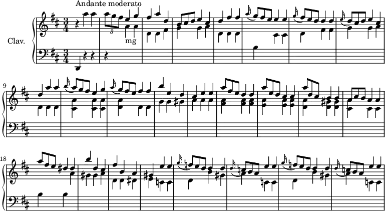 \version "2.18.2"
\header {
tagline = ##f
% composer = "Domenico Scarlatti"
% opus = "K. 164"
% meter = "Andante moderato"
}
%% les petites notes
%trillBesp = { \tag #'print { bes4.\prall } \tag #'midi { c32 bes c bes~ bes4 } }
upper = \relative c'' {
\clef treble
\key d \major
\time 3/4
\tempo 4 = 102
s8*0^\markup{Andante moderato}
r4 a'4 a | \times 2/3 { a8 g fis } \stemUp e4 g | fis a d, | \omit TupletNumber \times 2/3 { b8 cis d } e4 cis |
% ms. 5
d4 fis fis | \appoggiatura a16 \times 2/3 { g8 fis e } e4 e | \appoggiatura g16 \times 2/3 { fis8 e d } d4 d | \appoggiatura e16 \times 2/3 { d8 cis d } e4 cis |
% ms. 9
d4 a' a | \appoggiatura b16 \times 2/3 { a8 g fis } e4 g | \appoggiatura a16 \times 2/3 { g8 fis e } fis4 fis | b e, d | cis e e |
% ms. 14
\times 2/3 { a8 fis e } d4 d | \times 2/3 { a'8 e d } cis4 cis | \times 2/3 { a'8 d, cis } b4 b | \times 2/3 { a8 cis b } a4 a |
% ms. 18
\times 2/3 { a'8 fis e } dis4 dis | b' d, cis | fis b, a | gis e' e | \appoggiatura g16 \times 2/3 { f8 e d } d4 d |
% ms. 23
\appoggiatura d16 \times 2/3 { c8 b a } e'4 e | \appoggiatura g16 \times 2/3 { f8 e d } d4 d | \appoggiatura d16 \times 2/3 { c8 b a } e'4 e |
% ms. 27
}
lower = \relative c' {
\clef bass
\key d \major
\time 3/4
% ************************************** \appoggiatura a16 \repeat unfold 2 { } \times 2/3 { } \omit TupletNumber
d,,4 r4 r4 | r4 \stemDown \change Staff = "upper" a'''4-\markup{mg} a | d, d fis | g g a |
% ms. 5
d,4 d d \stemNeutral \change Staff = "lower" | b \stemDown \change Staff = "upper" cis cis | d fis fis | g g a
% ms. 9
d,4 d d | < cis a' > q q | < d a' > d d | g g gis | a a a |
% ms. 14
< fis a >4 q q | < e a > q q | < d a' > < d gis > q | < cis a' > cis cis \stemNeutral \change Staff = "lower" |
% ms. 18
b4 b \stemDown \change Staff = "upper" a' | gis gis a | d, d dis | e c c | d b' gis |
% ms. 23
a4 c, c | d b' gis | a c, c | %d d e |
% ms. 27
}
thePianoStaff = \new PianoStaff <<
\set PianoStaff.instrumentName = #"Clav."
\new Staff = "upper" \upper
\new Staff = "lower" \lower
>>
\score {
\keepWithTag #'print \thePianoStaff
\layout {
#(layout-set-staff-size 17)
\context {
\Score
\override TupletBracket.bracket-visibility = ##f
\override SpacingSpanner.common-shortest-duration = #(ly:make-moment 1/2)
\remove "Metronome_mark_engraver"
}
}
}
\score {
\keepWithTag #'midi \thePianoStaff
\midi { \set Staff.midiInstrument = #"harpsichord" }
}