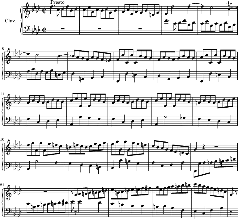 \version "2.18.2"
\header {
tagline = ##f
}
%% les petites notes
trillDes = { \tag #'print { des4\trill~ } \tag #'midi { ees16 des ees des~ } }
eMuet = { \tag #'print { f4 } \tag #'midi { s4 } }
upper = \relative c'' {
\clef treble
\key f \minor
\time 2/2
\tempo 2 = 110
\set Staff.midiInstrument = #"harpsichord"
s8*0^\markup{Presto}
f4. c8 des f bes, des | c8 ees aes, c bes des g, bes | aes c f, aes g bes e, g | f4 f'2 f4~ |
% ms. 5
\eMuet ees2 \trillDes | des4 c2 bes4~ | bes8 aes g f aes g f e | f c' c, c' c, bes' aes g |
% ms. 9
f8 aes g f g bes aes g | aes c c, c' c, bes' aes g | \repeat unfold 2 { aes c bes aes bes des c bes | c ees ees, ees' ees, des' c bes } |
% ms. 15
a8 c bes a bes des c ees | des f f, f' f, ees' d c |
% ms. 17
b8 d c b c ees d f | ees g g, g' g, f' ees d | c bes aes g f ees d c | g'4 r4 r2 |
% ms. 21
R1 | r8 g8 aes a bes b c d | ees b c d ees e f fis | g ees f g aes a bes b |
c8 bes aes g f ees d c | g8 r8
}
lower = \relative c' {
\clef bass
\key f \minor
\time 2/2
\set Staff.midiInstrument = #"harpsichord"
% **************************************
R1*3 | f4. c8 des f bes, des |
% ms. 5
c8 ees aes, c bes des g, bes | aes c f, aes g bes e, g | f4 a, bes c | f, f' e c |
% ms. 9
des4 aes bes c | f, f' e c | f c des ees | aes, aes' g f |
% ms. 13
f4 c des ees | aes, aes'2 ges4 | f ees des c | bes bes'2 aes4 |
% ms. 17
g4 f ees d | c c' b g | aes ees f aes | g,8 g' aes a bes b c d | ees b c d ees e f fis | g r8 g2 f4 | ees d c c | b c aes f |
% ms. 25
ees4 c f aes | r8 s8
}
thePianoStaff = \new PianoStaff <<
\set PianoStaff.instrumentName = #"Clav."
\new Staff = "upper" \upper
\new Staff = "lower" \lower
>>
\score {
\keepWithTag #'print \thePianoStaff
\layout {
#(layout-set-staff-size 17)
\context {
\Score
\override SpacingSpanner.common-shortest-duration = #(ly:make-moment 1/2)
\remove "Metronome_mark_engraver"
}
}
}
\score {
\keepWithTag #'midi \thePianoStaff
\midi { }
}