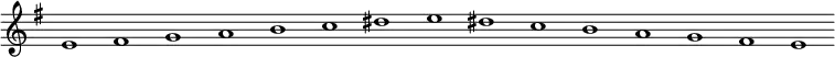 \new Staff {
\relative c' {
\key e \minor
\override Staff.TimeSignature #'stencil = ##f
\override Staff.BarLine #'stencil = ##f
e1 fis g a b c dis e dis c b a g fis e
}
}
\midi {
\context {
\Score
tempoWholesPerMinute = #(ly:make-moment 120 1)
}
}