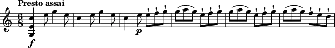 \relative c' {
\version "2.18.2"
\key c \major
\time 6/8
\tempo "Presto assai"
\tempo 4 = 150
<g e' c'>4\f e''8 g4 e8
c4 e8 g4 e8
c4 e8\p e-! f-! g-!
g (a g) e-! f-! g-!
g (a g) e-! f-! g-!
g (a g) f-! e-! d-!
}