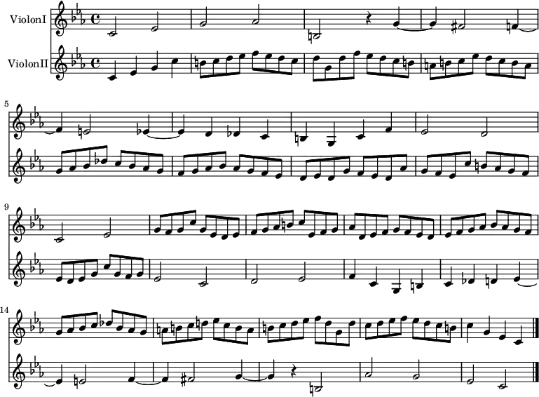 
\header {
  tagline = ##f
\version "2.16.2"
}

global = {
  \key c \minor
  \time 4/4
  \tempo ""
}

ViolonI = \relative c' {
  \global
  \dynamicUp
  
  c2 ees g aes b,! r4 g'4~ g fis2 f!4~ f e!2 ees4~ ees d des c b! g c f ees2 d c ees 
  g8 f g c g ees d ees | f g aes b! c ees, f g | aes d, ees f g f ees d | ees f g aes bes aes g f 
  g8 aes bes c des bes aes g | a! b! c d! ees c b a | b! c d ees f d g, d' | c d ees f ees d c b! | c4 g ees c  \bar "|."
   
}

ViolonII = \relative c' {
  \global

  c4 ees g c b!8 c d ees f ees d c d g, d' f ees d c b! a! b c ees d c b a g aes bes des c bes aes g 
  f8 g aes bes aes g f ees | d ees d g f ees d aes' | g f ees c' b! aes g f | ees d ees g c g f g |
  ees2 c d ees f4 c g b! c des d!  ees~ ees e!2 f4~ f fis2  g4~ g  r4 b,!2 aes' g  ees c 

}

ViolonIPart = \new Staff \with {
  instrumentName = "ViolonI"
  midiInstrument = "violin"
} { \ViolonI }

ViolonIIPart = \new Staff \with {
  instrumentName = "ViolonII"
  midiInstrument = "violin"
} \ViolonII

\score {
  <<
    \ViolonIPart
    \ViolonIIPart
  >>
  \layout { }
  \midi {
    \tempo 4=110
  }
}

