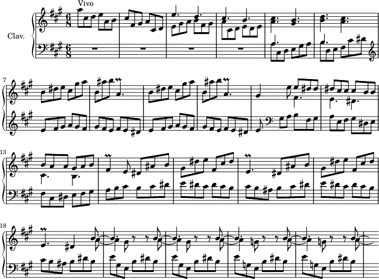 
\version "2.18.2"
\header {
  tagline = ##f
}

%% les petites notes
trillApDown    = { \tag #'print { a,4.\prall } \tag #'midi { b32 a b a~ a16~ a8. } }
trillFis       = { \tag #'print { fis4\prall } \tag #'midi { gis32 fis gis fis~ fis8 } }
trillEpDown        = { \tag #'print { e,4.\prall } \tag #'midi { fis32 e fis e~ e16~ e8. } }


upper = \relative c'' {
  \clef treble 
  \key a \major
  \time 6/8
  \tempo 4. = 120
  \set Staff.midiInstrument = #"harpsichord"
  \override TupletBracket.bracket-visibility = ##f

    s8*0^\markup{Vivo}
    a'8 cis, d e a, b | cis fis, gis a cis, d | << { e'4. d cis b } \\ { e,8 gis a | b fis gis | a cis, d e d e } >> | 
    % ms. 5
    < a cis >4. < gis b > | < b d > < a cis > | \repeat unfold 2 { b8 dis e cis gis' a | b, ais' b \trillApDown } | 
    % ms. 11
    gis4 e'8 | << { e8 dis dis | dis  cis cis cis b b | b a a  gis a b  | \trillFis e8 } \\ { fis4. | e | dis | cis | b } >> | \repeat unfold 2 { dis8 ais' b | gis dis' e  fis, cis' dis | \trillEpDown } | dis4
    % ms. 18 suite
     \repeat unfold 2 { << { b'8~ | b4. s4 } \\ { a8~ | a4 gis8 b8\rest b8\rest } >> } | \repeat unfold 2 { << { b8~ | b4. s4 } \\ { a8~ | a4 g8 b8\rest b8\rest } >> } | << { b8~ \hideNotes b16 } \\ { a8~ | \hideNotes a16 } >>

}

lower = \relative c' {
  \clef bass
  \key a \major
  \time 6/8
  \set Staff.midiInstrument = #"harpsichord"

    % **************************************
     R2.*4 | << { \mergeDifferentlyDottedOn a4. s4. | b4. } \\ { a8 cis, d e gis a | b d, e fis cis' dis } >> |   \clef treble \repeat unfold 2 { e8 fis gis a gis fis | gis fis e fis e dis } |
     % ms. 11
     e8    \clef bass gis,8[ a] b fis gis | a e fis gis dis e |
     % ms. 13
     fis8 cis dis e fis gis | a b cis b cis dis  | e dis cis dis cis b  | cis b ais b cis dis |
     % ms. 17
     e8 dis cis dis cis b | cis b ais b dis b | \repeat unfold 2 { e gis, e b' dis b } | \repeat unfold 2 { e g, e b' dis b } | \hideNotes e16

}

thePianoStaff = \new PianoStaff <<
    \set PianoStaff.instrumentName = #"Clav."
    \new Staff = "upper" \upper
    \new Staff = "lower" \lower
  >>

\score {
  \keepWithTag #'print \thePianoStaff
  \layout {
      #(layout-set-staff-size 17)
    \context {
      \Score
     \override SpacingSpanner.common-shortest-duration = #(ly:make-moment 1/2)
      \remove "Metronome_mark_engraver"
    }
  }
}

\score {
  \keepWithTag #'midi \thePianoStaff
  \midi { }
}
