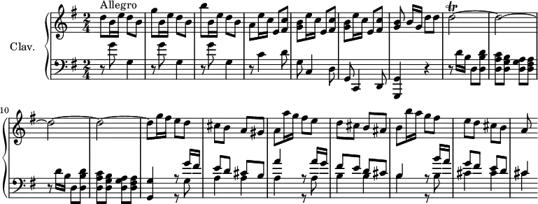 
\version "2.18.2"
\header {
  tagline = ##f
}

TrillD   = { \tag #'print { d2~\trill d~ d~ d~ } \tag #'midi { \repeat unfold 30 { e32 d~ } d8~ }  }

upper = \relative c'' {
  \clef treble 
  \key g \major
  \time 2/4
  \tempo 4 = 112
  \set Staff.midiInstrument = #"harpsichord"

  d8^\markup{Allegro} b16 e d8 b | g' b,16 e d8 b | b'8 b,16 e d8 b | a8 e'16 c e,8 < fis c' >8 | 
  % ms. 5
  \repeat unfold 2 { < g b >8 e'16 c e,8 < fis c' >8 } | < g b >8 b16[ g] d'8 d | \TrillD | d8 g16 fis e8 d |
  % ms. 13
  cis8  b a gis | a a'16 g fis8 e | d cis b ais | b8 b'16 a g8 fis | e d cis b | a

}

lower = \relative c' {
  \clef bass
  \key g \major
  \time 2/4
  \set Staff.midiInstrument = #"harpsichord"

    % **************************************
   \repeat unfold 3 { r8 g'8 g,4 } | r8 c4 d8 | g,8 c,4 d8 | g, c,4 d8 | < g, g' >4 r4 | 
   % ms. 8
   \repeat unfold 2 { r8 d'''16[ b] d,8 < d b' d >8 | < d a' c > < d g b > < d g a > < d fis a > } | < g, g' >4 << { r8 g''16 fis e8 d cis b | a'4 r8 a16 g fis8 e d cis | b4 | r8 b'16 a | g8 fis e d | cis4 } \\ { r8 g8 | a4  a | a r8 a8 | b4 b | b r8 b8 | cis4 cis | cis } >>
} 

thePianoStaff = \new PianoStaff <<
    \set PianoStaff.instrumentName = #"Clav."
    \new Staff = "upper" \upper
    \new Staff = "lower" \lower
  >>

\score {
  \keepWithTag #'print \thePianoStaff
  \layout {
      #(layout-set-staff-size 17)
    \context {
      \Score
     \override SpacingSpanner.common-shortest-duration = #(ly:make-moment 1/2)
      \remove "Metronome_mark_engraver"
    }
  }
}

\score {
  \keepWithTag #'midi \thePianoStaff
  \midi { }
}
