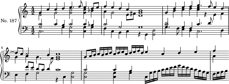 \version "2.14.2"
\header {
tagline = ##f
}
upper = \relative c'' {
\clef treble
\key a \minor
\time 4/2
\tempo 2 = 62
\autoBeamOff
\set fontSize = #-1
\set Staff.midiInstrument = #"dulcimer"
<< { g4 c c d e4. f8 e4 d8 e } \\ { e,2 g << g c >> << g4 c >> bes } >>
<< { f'4 e d c b1 } \\ { a4 g2 e8 fis << d1 g >> } >>
<< { g4 d' e f g4. f8 e4 d~ } \\ { s4 b c d << c e >> r4 e,4 f } >>
<< { d'8 c c2 b4 c1 } \\ { g4 a g4. f8 <<e1 g >> } >>
<< { g8 a16 b c b c d c d e c d e f d e4 c d e } \\ {} >>
<< { f4 } \\ { a,4 } >>
}
lower = \relative c {
\clef bass
\key a \minor
\time 4/2
\set Staff.midiInstrument = #"dulcimer"
<< { << c'2 g >> c4 b c2 c4 bes } \\ { c,2. g'4 << c,2 g' >> << c,4 g' >> g } >>
<< { c2 g g1 } \\ { f4 c b c r4 g << d'2 g, >> } >>
<< { << d''2 b >> g4 f c'4. d8 } \\ { g,4. f8 e4 d c2. d4 } >>
<< { s4 f'8 e d c d4 c1 } \\ { e,4 f g2 r4 c,4 << g'2 c, >> } >>
<< { c'2 c4 b } \\ { << g2 c,2 >> << g'4 c,4 >> g'4 } >>
c,16 g' a b c d e f g f e d c b a g f g a b
}
\score {
\new PianoStaff <<
\set PianoStaff.instrumentName = #"No. 187"
\new Staff = "upper" \upper
\new Staff = "lower" \lower
>>
\layout {
\context {
\Score
\remove "Metronome_mark_engraver"
}
}
\midi { }
}