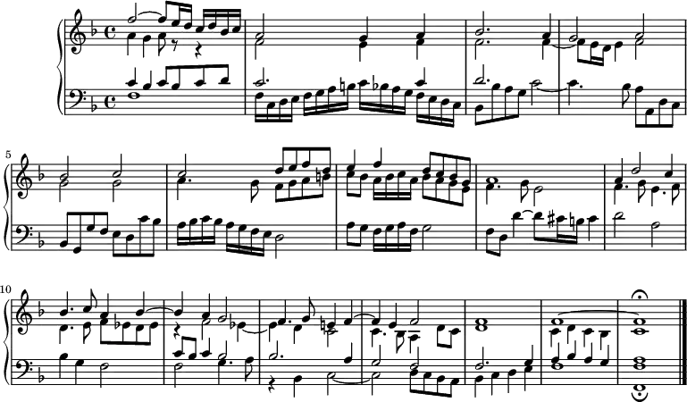 \version "2.18.2"
\header {
tagline = ##f
}
upper = \relative c'' {
\clef treble
\key f \major
\time 4/4
\tempo 4 = 82
\set Staff.midiInstrument = #"church organ"
<< { f2~ f8 e16 d c d bes c | a2 g4 a | bes2. a4 | g2 a | } \\ { a4 g a8 r8 r4 | f2 e4 f | f2. f4~ | f8 e16 d e4 f2 } >>
% Ms 5
<< { bes2 c | c d8 e f d | e4 f d8 c bes g | a1 | a4 d2 c4 | } \\ { g2 g | a4. g8 f g a b | c bes a16 bes c a | bes8 a g e | f4. g8 e2 | f4. g8 e4. f8 | } >>
% Ms 10
<< { bes4. c8 a4 bes~ | bes a g2 | f4. g8 e!4 f~ | f4 e f2 | f1 | f1~ f1\fermata } \\ { d4. e8 f ees d ees r4 f2 ees4~ | ees d c2 | c4. bes8 a4 d8 c | d1 | c4 d c bes | \tempo 4 = 50 c1 } >>
}
lower = \relative c {
\clef bass
\key f \major
\time 4/4
\set Staff.midiInstrument = #"church organ"
<< { c'4 bes c8 bes c d | c2. c4 | d2. } \\ { f,1 | f16 c d e f g a b! c bes a g f e d c | bes8 bes' a g c2~ c4. bes8 a a, d c } >>
bes8 g g' f e d c' bes | a16 bes c bes a g f e d2 | a'8 g f16 g a f g2 | f8 d d'4~ d8 cis16 b cis4 | d2 a |
<< { s1 | c8 bes c4 bes2 bes2. a4 | g2 f | f2. g4 | a bes a g | a1 } \\ { bes4 g f2 | f g4. a8 | r4 bes,4 c2~ | c2 d8 c bes a | bes4 c d e | f1 < f f, >1\fermata } >>
\bar "|."
}
\score {
\new PianoStaff <<
\set PianoStaff.instrumentName = #""
\new Staff = "upper" \upper
\new Staff = "lower" \lower
>>
\layout {
#(layout-set-staff-size 17)
\context {
\Score
\override SpacingSpanner.common-shortest-duration = #(ly:make-moment 1/2)
\remove "Metronome_mark_engraver"
}
}
\midi { }
}