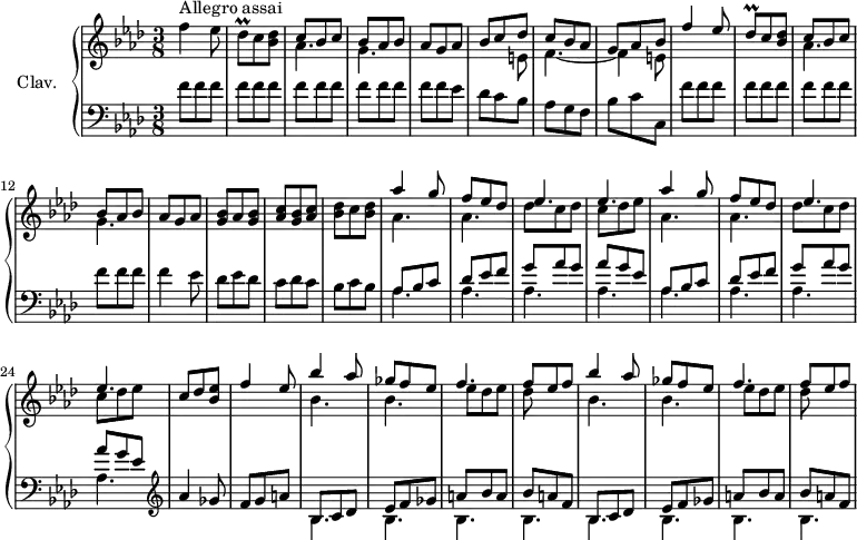 
\version "2.18.2"
\header {
  tagline = ##f
}

%% les petites notes
trillDesq = { \tag #'print { des8\prall } \tag #'midi { ees32 des ees des } }

upper = \relative c'' {
  \clef treble 
  \key f \minor
  \time 3/8
  \tempo 4. = 112
  \set Staff.midiInstrument = #"harpsichord"
  \override TupletBracket.bracket-visibility = ##f

     s8*0^\markup{Allegro assai}
     f4 ees8 | \trillDesq c < bes des > | << { c8 bes c | bes aes bes | aes g aes | bes c des | c bes aes | g aes bes | f'4 ees8 | \trillDesq c < bes des > | } \\ { aes4. | g | s4. | s4 e8 | f4.~ f4 e8 } >> |
     % ms. 11
     << { c'8 bes c | bes aes bes | aes g aes } \\ { aes4. | g } >> | < g bes >8 aes < g bes > | < aes c > < g bes > < aes c > |
     % ms. 16
     < bes des >8 c < bes des > | << { \repeat unfold 2 { aes'4 g8 | f ees des | ees4. | ees } | c8 des < bes ees > | f'4 ees8 } \\ { \repeat unfold 2 { aes,4. | aes | des8 c des | c des ees } | } >>
     % m. 27
     \repeat unfold 2 { << { bes'4 aes8 | ges8 f ees | f4. | f8 ees f } \\ { bes,4. | bes | ees8 des ees | des } >> } |
     % ms. 35
     

}

lower = \relative c' {
  \clef bass
  \key f \minor
  \time 3/8
  \set Staff.midiInstrument = #"harpsichord"
  \override TupletBracket.bracket-visibility = ##f

    % **************************************
      \repeat unfold 14 { f8 } ees8 | des c bes | aes g f |
      % ms. 8
      bes c c, | \repeat unfold 12 { f'8 } | f4 ees8 | des ees des | c des c |
      % ms. 16
      bes8 c bes | \repeat unfold 2 { << { aes bes c | des ees f | g aes g | aes g ees } \\ { \mergeDifferentlyDottedOn \repeat unfold 4 { aes,4. } } >> } |   \clef treble 
      % ms. 25
      aes'4 ges8 | f g a | \repeat unfold 2 { << { bes,8 c des  | ees f ges | a bes a | bes a f } \\ { \repeat unfold 4 { bes,4. } } >> }

}

thePianoStaff = \new PianoStaff <<
    \set PianoStaff.instrumentName = #"Clav."
    \new Staff = "upper" \upper
    \new Staff = "lower" \lower
  >>

\score {
  \keepWithTag #'print \thePianoStaff
  \layout {
      #(layout-set-staff-size 17)
    \context {
      \Score
     \override SpacingSpanner.common-shortest-duration = #(ly:make-moment 1/2)
      \remove "Metronome_mark_engraver"
    }
  }
}

\score {
  \keepWithTag #'midi \thePianoStaff
  \midi { }
}

