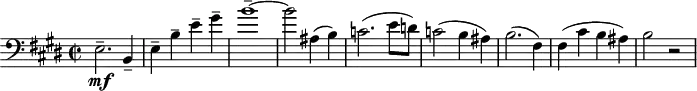 
\header {
  tagline = ##f
}

\score {
  \new Staff \with {

  }
<<
  \relative c {
    \key e \major
    \time 2/2
    \tempo 2 = 60
    \override TupletBracket #'bracket-visibility = ##f
    \set Score.currentBarNumber = #3
    \autoBeamOff
    \set Staff.midiInstrument = #"string ensemble 1"

     %%% AB 7-1 th1
     \clef bass e2.--\mf b4-- e-- b'-- e-- gis-- b1~-- b2 ais,4( b) c!2.( e8[ d!]) c!2( b4 ais) b2.( fis4) fis( cis' b ais) b2 r2

  }
>>
  \layout {
    \context { \Score \remove "Metronome_mark_engraver"
    }
  }
  \midi {}
}

