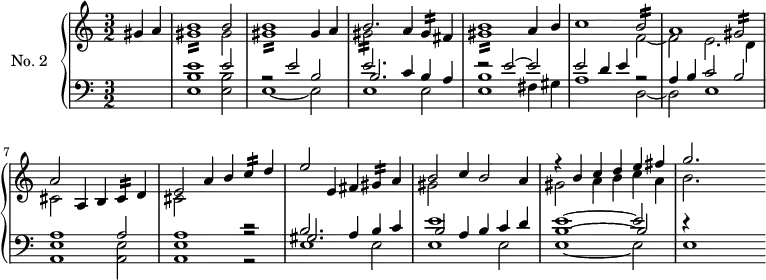 
\version "2.18.2"
\header {
  tagline = ##f
}

MordgisR   = { \tag #'print { gis1:16 } \tag #'midi { gis16 fis gis8~ gis4~ gis2 }  }

MordgisB   = { \tag #'print { gis2:16 } \tag #'midi { gis16 fis gis8~ gis4~ }  }
MordbB   = { \tag #'print { b2:16 } \tag #'midi { b16 a b8~ b4~ }  }

Mordgisq   = { \tag #'print { gis4:16 } \tag #'midi { gis16 fis gis8~ }  }
Mordcq   = { \tag #'print { c4:16 } \tag #'midi { c16 b c8~ }  }
Mordcisq   = { \tag #'print { cis4:16 } \tag #'midi { cis16 b cis8~ }  }

upper = \relative c'' {
  \clef treble 
  \key c \major
  \time 3/2
  \tempo 2 = 110
  %\autoBeamOff
  \set Staff.midiInstrument = #"harpsichord"

  \partial 2 gis4 a
  << { b1 b2 } \\ { \MordgisR gis2 } >>
  << { b1 gis4 a } \\ { \MordgisR } >>
  << { b2. a4 \Mordgisq fis } \\ { \MordgisB } >>
  << { b1 a4 b } \\ { \MordgisR } >>
  << { c1 \MordbB } \\ { s1 f2~ } >>
  % ms 7 
  << { a1 \MordgisB } \\ { f2 e2. d4 } >>
  << { a'2 a,4 b \Mordcisq d4 } \\ { cis2 } >>
  << { e2 a4 b \Mordcq d4 } \\ { cis,2 } >>
  << { e'2 e,4 fis \Mordgisq a4 } \\ {  } >>
  << { b2 c4 b2 a4 } \\ { gis2 } >>
  << { r4 b c d e fis g2. } \\ { gis,2 a4 b c a b2. } >>
  s4

}

lower = \relative c {
  \clef bass
  \key c \major
  \time 3/2
  \set Staff.midiInstrument = #"harpsichord"  
  s2
  << { e'1 e2 r2 e2 b e2. } \\ { < b e, >1 < b e, >2 e,1~ e2 e1 e2 < b' e, >1 fis4 gis } \\ { s1. s1. b2. c4 b a r2 e'2~ e } >>
  << { e2 d4 e r2 } \\ { a,1 d,2~ } >>
  << { a'4 b c2 b } \\ { d, e1 } >>
  << { a1 a2 } \\ { < e a, >1 < e a, >2 } >>
  << { a1 r2 } \\ { < e a, >1 r2 } \\ {s1 r2} >>

  % ms 10
  << { b'2. a4 b c } \\ { e,1 e2 } \\ { gis2. } >>
  << { e'1 c4 d } \\ { e,1 e2 } \\ { b'2 a4 b } >>
  << { e1~ e2 } \\ { e,1~ e2 } \\ { b'1~ b2 } >>
  << { r4 } \\ { e,1 } >>
   
}

thePianoStaff = \new PianoStaff <<
    \set PianoStaff.instrumentName = #"No. 2"
    \new Staff = "upper" \upper
    \new Staff = "lower" \lower
  >>

\score {
  \keepWithTag #'print \thePianoStaff
  \layout {
    \context {
      \Score
      \remove "Metronome_mark_engraver" 
    }
  }
}

\score {
  \keepWithTag #'midi \thePianoStaff
  \midi { }
}

