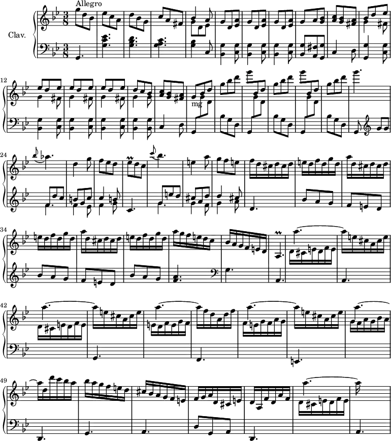 
\version "2.18.2"
\header {
  tagline = ##f
  % composer = "Domenico Scarlatti"
  % opus = "K. 476"
  % meter = "Allegro"
}

%% les petites notes
trillAp       = { \tag #'print { a4.\prall } \tag #'midi { bes32 a bes a bes a bes a~   \tempo 4. = 30 a8   \tempo 4. = 74 } }
trillEesq     = { \tag #'print { ees8\prall } \tag #'midi { d32 ees d ees } }

upper = \relative c'' {
  \clef treble 
  \key g \minor
  \time 3/8
  \tempo 4. = 74
  \set Staff.midiInstrument = #"harpsichord"
  \override TupletBracket.bracket-visibility = ##f

      s8*0^\markup{Allegro}
      g'8 d bes | ees c a | d bes g | c a fis | << { bes4 a8 } \\ { g8 d ees } >> | \repeat unfold 3 { g8 d < ees a > }
      % ms. 9
      g8 a < g bes > | < a c > < g bes > < fis a > | << { bes8 d ees | \repeat unfold 3 { ees8 d ees } | d8 c bes } \\ { \repeat unfold 4 { g4 fis8 } | g4 g8 } >>  \stemUp
      % ms. 16
      < a c >8 < g bes > < fis a > | g_\markup{mg} \repeat unfold 2 { bes8 d | \stemNeutral g bes d | \stemDown g  \stemUp } bes,, d | \stemNeutral g bes d | g4. |
      % ms. 24
      \appoggiatura bes,8 aes4. | d,4 g8 | f ees d | \trillEesq d8 c | \appoggiatura c'8 bes4. | e,4 a8 | g f e |
      % ms. 31
      f16 \repeat unfold 3 { d16 cis d cis d | e d f d g d a' } g16 f e d c
      % ms. 38
      bes16 a g f e d | \trillAp | \repeat unfold 2 { a''4.~ | a16 e cis a cis e } a4.~
      % ms. 45
      a16 f d a d f | a4.~ | a16 e cis a cis e  | a4.~ | a16 d, d' c bes a | bes a g f e d | 
      % ms. 51
      cis16 bes a g f e | f g a d, cis e | d a f' d a' f | a'4.~ | a16

}

lower = \relative c' {
  \clef bass
  \key g \minor
  \time 3/8
  \set Staff.midiInstrument = #"harpsichord"
  \override TupletBracket.bracket-visibility = ##f

    % ************************************** \appoggiatura a16  \repeat unfold 2 {  } \times 2/3 { }   \omit TupletNumber 
      g,4. | < g' c ees >4. | < g bes d > | < g a c > | < g bes >4 c,8 | \repeat unfold 3 { < bes g' >4 < c g' >8 } |
      % ms. 9
      < bes g' >8 < a fis' > < g g' > | c4 d8 | < g, g' >4 < c g' >8 | \repeat unfold 3 { < bes g' >4 < c g' >8 } | < bes g' >4 q8 |
      % ms. 16
      c4 d8 | \repeat unfold 3 {  \stemUp g, \stemDown \change Staff = "upper" g'' d | \stemNeutral \change Staff = "lower" bes g d } | 
      % ms. 23
      g,8   \clef treble  g''8[ g] | << { f8 d' c | b g c | c4 b8 } \\ { \mergeDifferentlyDottedOn f4. | f4 ees8 | f4 g8 } >> c,4. | << { g'8 e' d | cis a d | d4 cis8 } \\ { g4. | g4 f8 | g4 a8 } >> d,4.
      % ms. 32
      \repeat unfold 2 { bes'8 a g | f e d } | bes' a g | < f a >4. |   \clef bass 
      % ms. 38
      g,4. | \repeat unfold 2 { a, | \stemDown \change Staff = "upper" d'16 cis e d f e \stemNeutral \change Staff = "lower"  } | g,,4. | \stemDown \change Staff = "upper" e''16 d f e g f | \stemNeutral \change Staff = "lower"
      % ms. 45
      f,,4. | \stemDown \change Staff = "upper" f''16 e g f a g | \stemNeutral \change Staff = "lower" e,,4. | \stemDown \change Staff = "upper" g''16 f a g bes a | \stemNeutral \change Staff = "lower" d,,,4. | g | 
      % ms. 51
      a4. | d8 g, a | d,4. | \stemDown \change Staff = "upper"  d''16 cis e d f e | \stemNeutral \change Staff = "lower" a,,4. |

}

thePianoStaff = \new PianoStaff <<
    \set PianoStaff.instrumentName = #"Clav."
    \new Staff = "upper" \upper
    \new Staff = "lower" \lower
  >>

\score {
  \keepWithTag #'print \thePianoStaff
  \layout {
      #(layout-set-staff-size 17)
    \context {
      \Score
     \override SpacingSpanner.common-shortest-duration = #(ly:make-moment 1/2)
      \remove "Metronome_mark_engraver"
    }
  }
}

\score {
  \keepWithTag #'midi \thePianoStaff
  \midi { }
}
