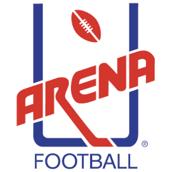 AFL logo original. Le mot Arena écrit en rouge, en travers de buts de football américains bleus. Le mot Football est écrit en dessous des buts. le mot Arena est surmonté d'un ballon de foot US, rouge également.