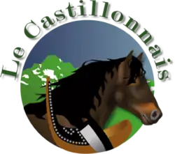 Logo représentant la tête d'un cheval bai de profil entouré d'un fond rond bleu et vert au-dessus duquel est marqué « le Castillonnais ».