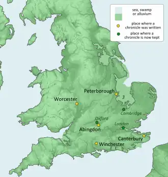 Carte mettant en évidence cinq villes d'où proviennent des copies de la Chronique (Abingdon, Cantorbéry, Peterborough, Winchester et Worchester) et trois où elles se trouvent actuellement (Cambridge, Londres et Oxford).