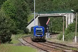 Un TER entre en gare, vu au droit d'un sémaphore mécanique.