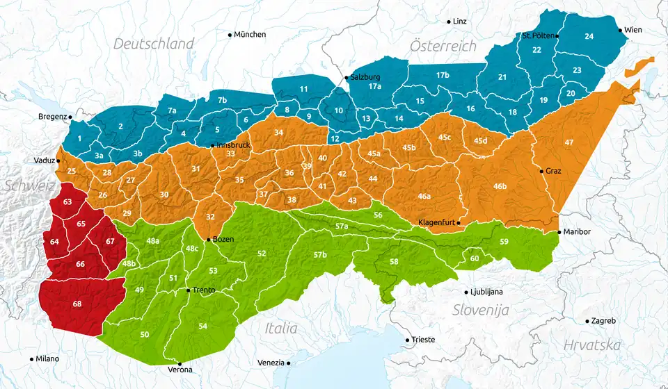 Carte des Alpes orientales avec les Alpes du Chiemgau en 11.