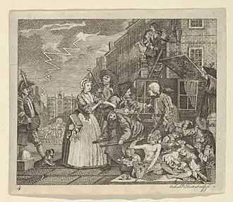 Planche 4 d'A Rake's Progress (La Carrière d'un libertin), de William Dent&nbsp;(d) et Richard Corbould, d'après William Hogarth, gravure).