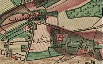 Mention de l'abbaye de Beaufays sur la carte de Ferraris (1770-1778).