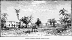 Abomey, palais de Simbodji, après l'incendie, gravure dans La France au Dahomey, 1895.