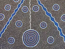 Peinture pointilliste à dominante grise et cerclés bleus