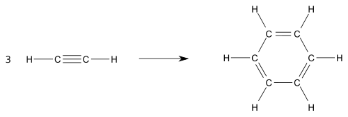 Bilan réactionnel de la trimérisation de l'acétylène ; réactif : 3 acétylène C2H2 ; produit : benzène C6H6