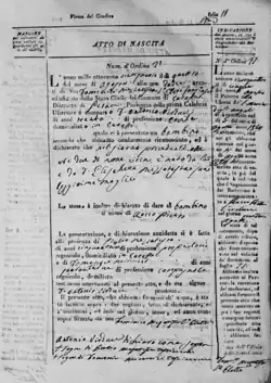 Photographie d'un acte rédigé en italien avec inscrit en majuscule en haut Atto di Nascita et avec les prénoms Rocco Pietro au centre.