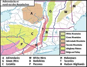 Carte des chaînes du nord-est américain des Appalaches et des Adirondacks.