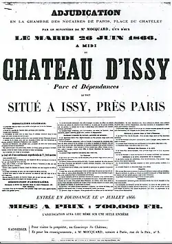 Affiche d'adjudication du château d'Issy, 1866.