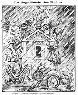 Dessin monochrome d'une tempête fiches s'abattant sur un temple maçonnique sur lequel se tiennent les membres du cabinet Combes.