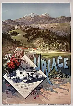 Affiche de la Compagnie des chemins de fer de Paris à Lyon et à la Méditerranée (PLM) : « Uriage les bains (Isère) », par Hugo d'Alesi, 1895