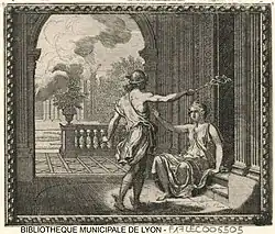 Aglaure transformée en rocher par Mercure, gravure de Sébastien Leclerc publiée dans les Métamorphoses d'Ovide en rondeaux en 1676.