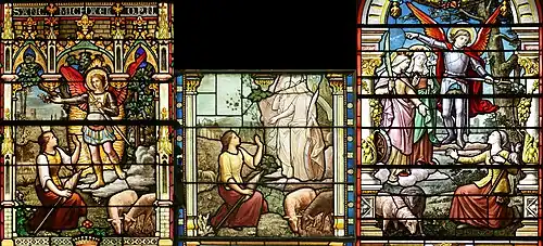 Parallèle entre différents vitraux de la vocation de Jeanne. A) Ainay à Lyon • B) La Rédemption à Lyon • C) Malaucène dans le Vaucluse.