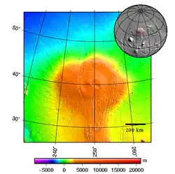 Alba Mons, au nord-ouest du renflement de Tharsis, est le type même du volcan bouclier, avec une largeur de 1&nbsp;600&nbsp;km pour seulement 6,6&nbsp;km d'altitude.