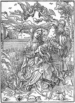 La Sainte Famille avec trois lièvres, 1498, 395&nbsp;×&nbsp;285&nbsp;mm, gravure sur bois.