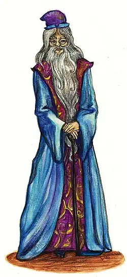 Une interprétation d'Albus Dumbledore réalisée à l'aquarelle et au fusain.