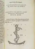 Page de titre d'une aldine avec la marque typographique à l'ancre et au dauphin (Venise, 1502).