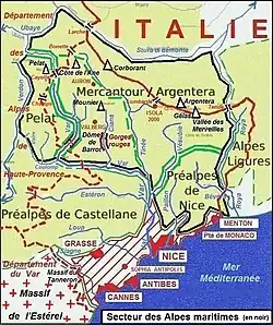 Définition cartographique du secteur alpin des Alpes maritimes au contour en noir incluant les massifs du Pelat, du Mercantour-Argentera et des Préalpes de Nice.