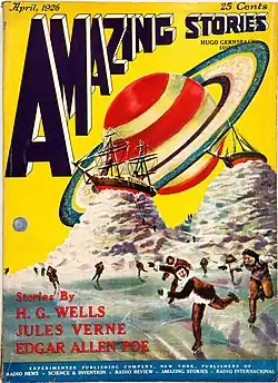  couverture en couleur de la revue titrée Amazing Stories d'avril 1926 représentant des patineurs devant une gigantesque planète avec anneaux.