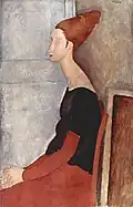 Peinture de profil d'une femme assise mains sur les genoux, haut chignon conique