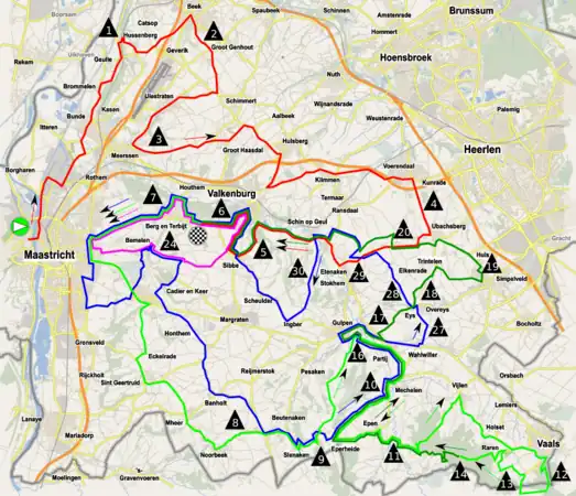 Début du parcoursDebut du premier tour de circuitFin du premier tour de circuitDeuxième tour de circuitTroisième tour de circuitNote:Valkenburg est le nom Néerlandais de Fauquemont. Les ascensions réalisées à plusieurs reprises ne sont indiquées qu'une seule fois