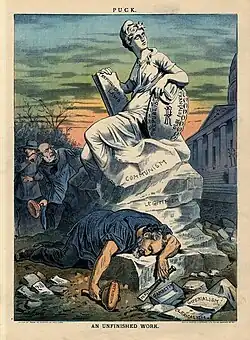 Caricature montrant un homme mort gisant aux pieds d'une statue.