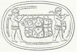 Dessin : 2 hommes casqués portant à l'épaule une perche où sont accrochés 5 boucliers ovales échancrés à mi-hauteur.