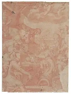 Reprise contemporaine à la sanguine de l'Adoration des bergers.