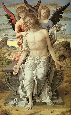 Andrea Mantegna, Le Christ mort soutenu par deux anges, 1489, huile sur panneau, 83 × 51 cm.