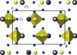 Structure de l'anglésite, projetée sur le plan (b, c). Gris : Pb, jaune : S, bleu : O.