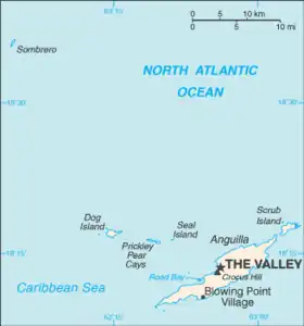 Carte du territoire britannique d'outre-mer d'Anguilla avec l'île d'Anguilla au sud-est.