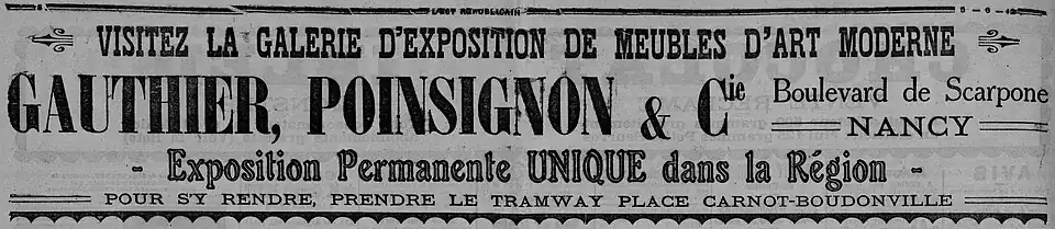 Annonce de 1912 pour Gauthier Poinsignon.