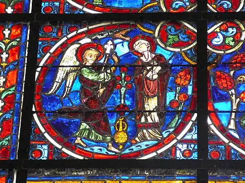 Sur un vitrail du XIIIe&nbsp;siècle de la cathédrale Notre-Dame de Laon.