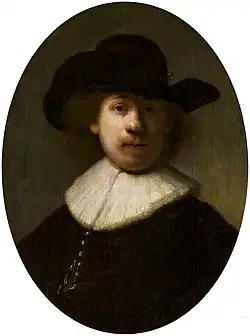 Portrait de Rembrandt, anonyme de l'entourage de Rembrandt (après 1632, musée national de Varsovie), d'après Autoportrait au chapeau à large bord de 1632.