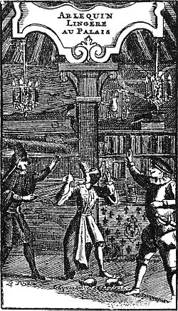 Harlequin lingère au palais, gravure du XVIIe&nbsp;siècle