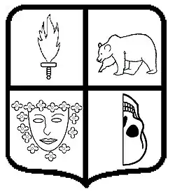 armoiries de Jean Séverac sur laquelle figure quatre dessins : une épée en flamme, un ours, un visage de femme et une moitié de crâne à l'envers